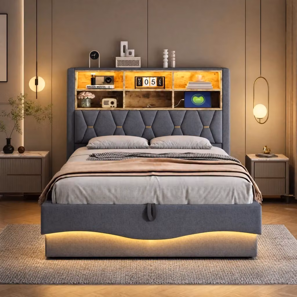 Letto Contenitore REDOM Grigio con LED e porte USB, Struttura in Tessuto e Metallo, L/P: 140 x 200 cm – 2