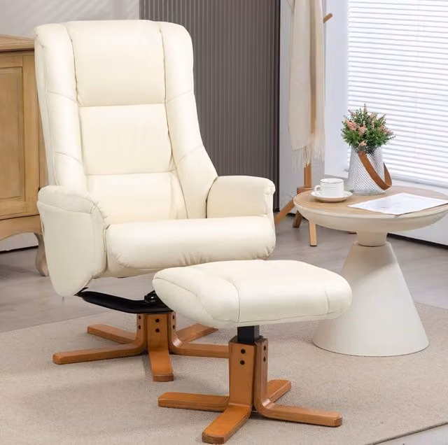 Poltrona relax ULEVR reclinabile 135¡ã con poggiapiedi e funzione a dondolo, in similpelle bianco crema