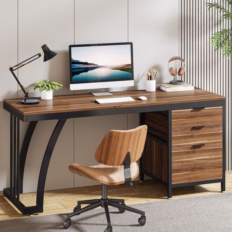 Scrivania per computer da 150 cm con 3 cassetti, piano ribaltabile, finitura noce, design industriale