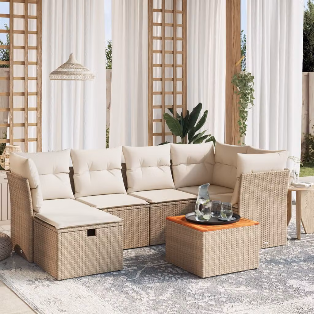 Set di divani da giardino vidaXL 7 pezzi con cuscini beige e struttura in metallo e rattan per esterno – 1