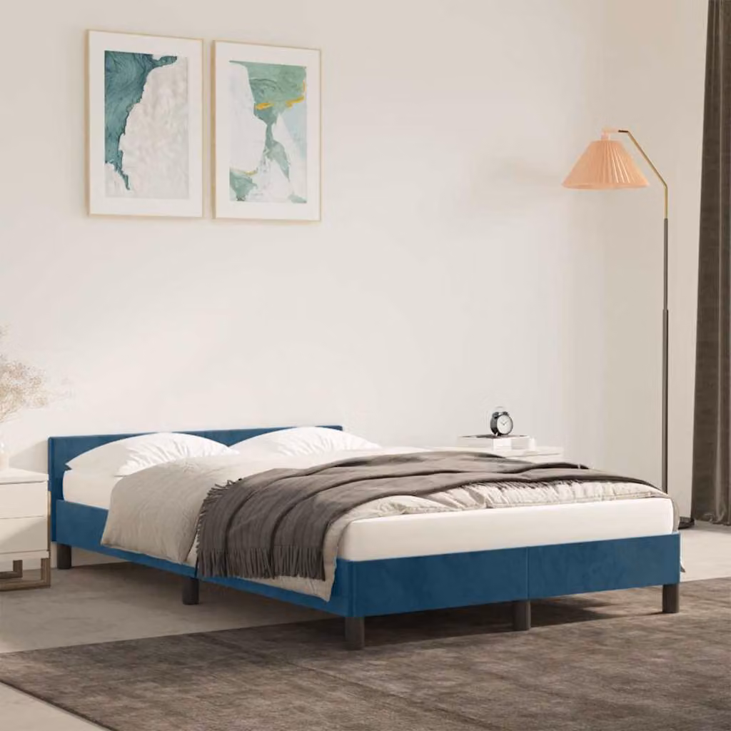 vidaXL Giroletto in Velluto Blu con Listelli in Legno di Pino L/P: 120 x 200 cm