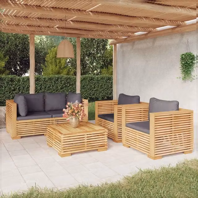 Set da giardino moderno vidaXL in legno massello di teak con 5 pezzi e cuscini grigi a forma di L