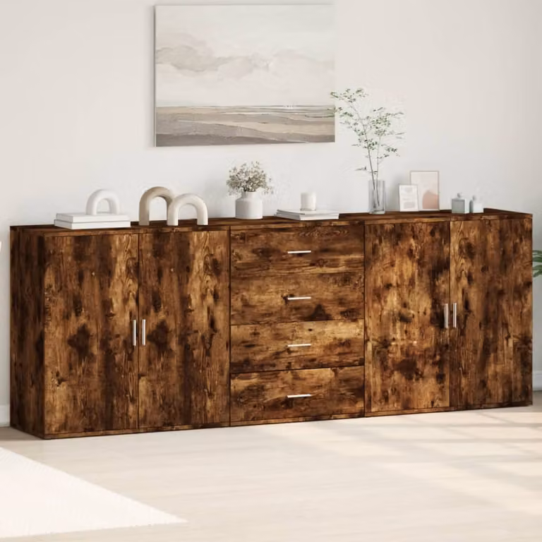 Set di 3 credenze moderne vidaXL in legno multistrato e MDF, colore rovere fumo marrone, da appendere a parete
