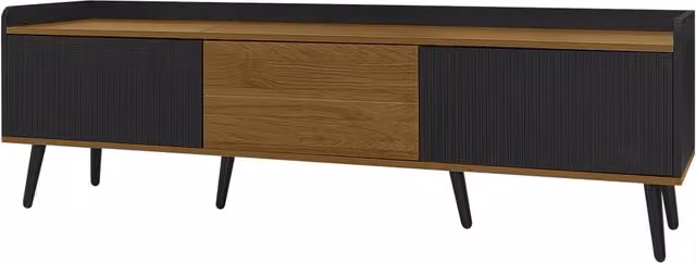 Mobile TV con 3 ante, finitura nero e legno naturale, dimensioni 160x39x49,5 cm