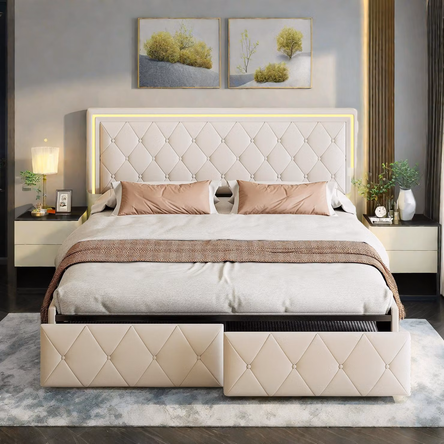 Letto matrimoniale imbottito di colore bianco sporco 140x200 cm con luce LED, testata regolabile, 4 cassetti e contenitore, rete a doghe inclusa