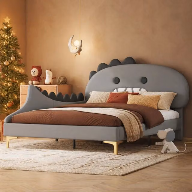 Letto per bambini Mivray con testiera a forma di dinosauro in ecopelle e MDF, colore grigio, L/P/H: 140 x 200 x 110 cm