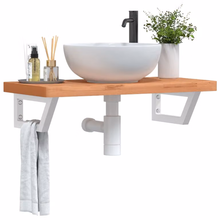 vidaXL Ripiano da parete per bagno in legno di faggio e metallo, Bianco e Marrone, L: 80 cm, P: 40 cm, H: 19 cm