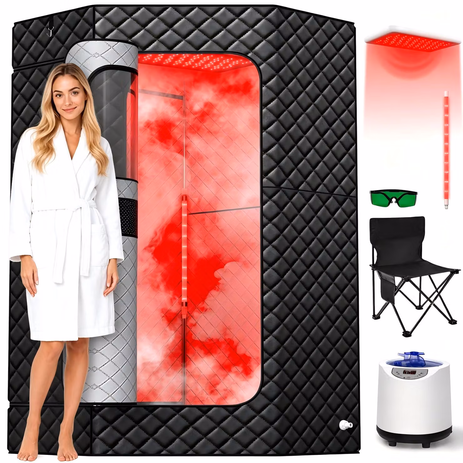 Sauna a infrarossi, 1200 W, bollitore per vapore da 3 litri, sedia pieghevole, colore nero