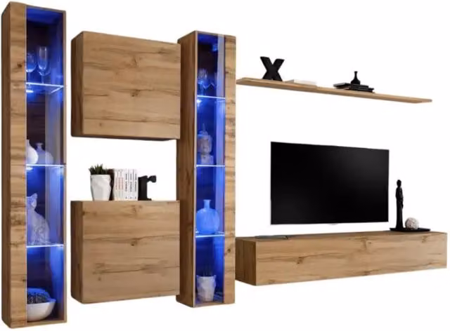 Composizione murale Meublorama SWITCH XVI in Rovere Wotan con mobile TV, vetrine LED e mensole, design moderno per soggiorno – 1