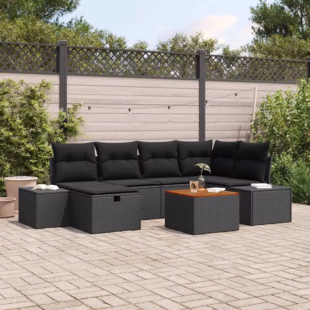 Set Divano da Giardino vidaXL 7 Pezzi a Forma di U con Cuscini e Tavolino Nero in Polyrattan e Metallo – 1