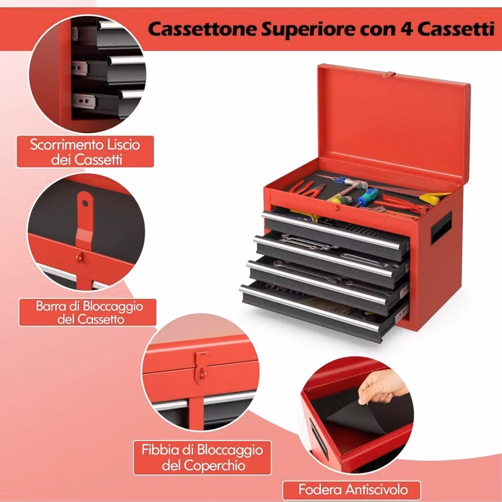 Costway Cassettiera Portautensili a 4 Cassetti in Metallo con Ruote Bloccabili e Ripiano Regolabile, L/P/H: 59 x 28 x 102 cm, Nero e Rosso – 2