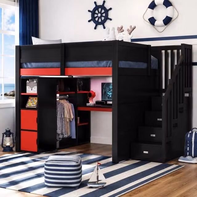 Desviae Letto a soppalco 140 × 200 cm 2 posti con scrivania, contenitori, LED, USB e scala, senza materasso, nero rosso
