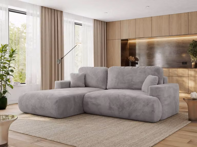 MKS MEBLE divano angolare OVO con funzione letto e box letto, peluche grigio chiaro, divano a L, divano angolare a 4 posti, 271x195x95 cm - lato sinistro
