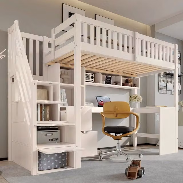 Letto a soppalco per bambini ¨C Minimal ¨C 90x200 cm bianco in legno con cassetti e scrivania, senza materasso