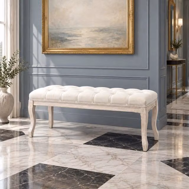 Panca imbottita beige 110x40x48 cm in legno e tessuto effetto lino, capitonné
