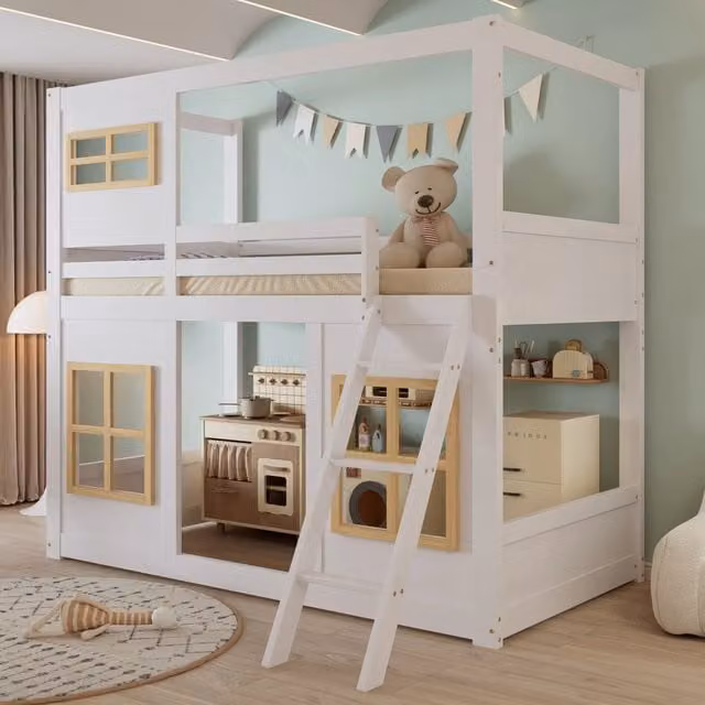Letto a castello per bambini con finestre, 90x200 cm, scaletta stabile, recinzione su quattro lati, pino + MDF + compensato, Bianco + Naturale