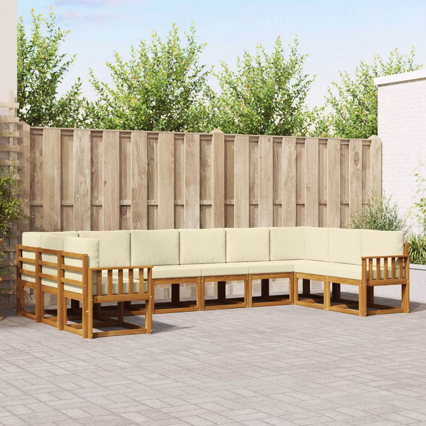 vidaXL Set di divani da esterno componibile a L in legno di acacia con cuscini, Beige, Bianco e Marrone