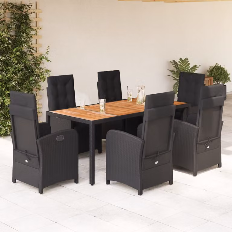 Set da pranzo da giardino vidaXL in polyrattan nero con cuscini e tavolo in legno di acacia
