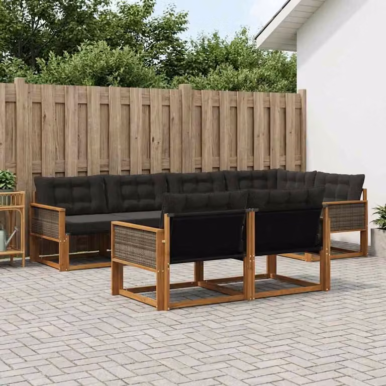Set di divani da esterno vidaXL a forma di U composto da 7 pezzi in legno di acacia e tessuto textilene, colore marrone e nero