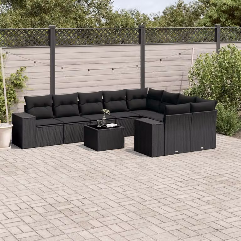 Set di divani da giardino vidaXL a forma di L in polyrattan nero con cuscini e tavolino da esterno