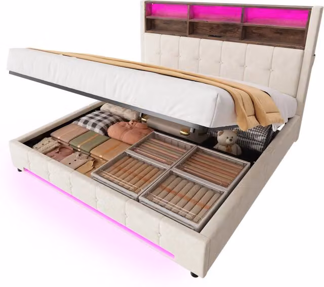 Letto contenitore matrimoniale 180×200 cm con 6 vani; USB-C; LED regolabile e tasche; senza materasso; beige