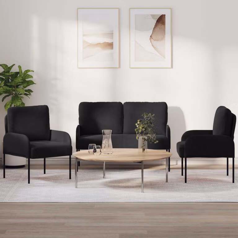 Set di divani 3 pezzi vidaXL in tessuto nero con struttura in legno e metallo per soggiorno