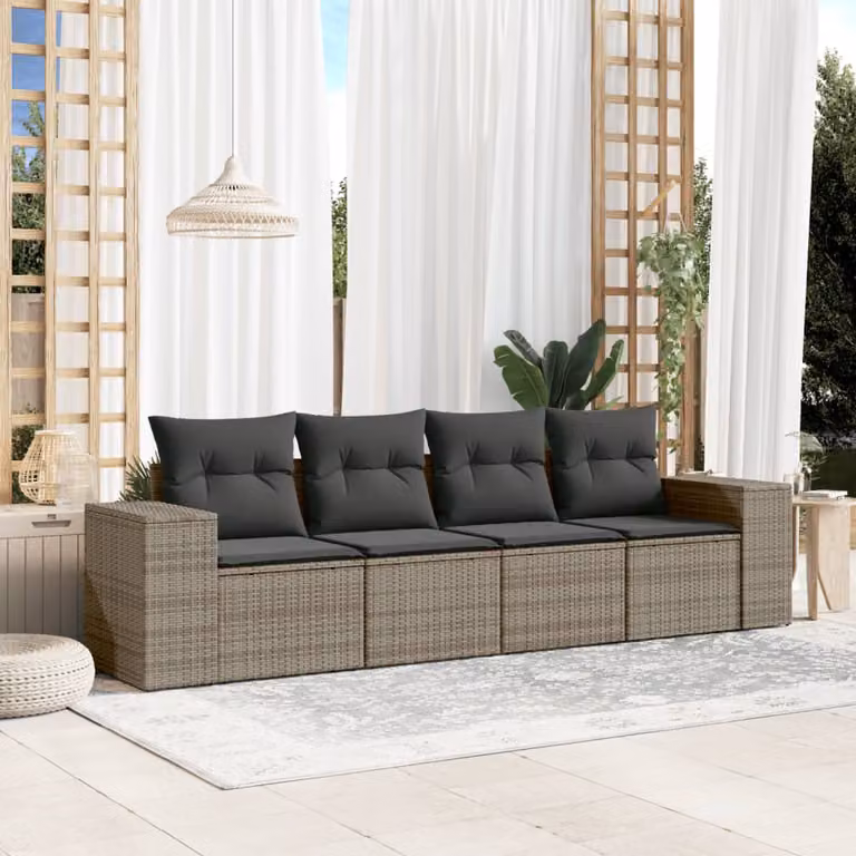 vidaXL Set Divani da Giardino 4 pz in Polyrattan Grigio con Cuscini Imbottiti e Rivestimenti Rimovibili