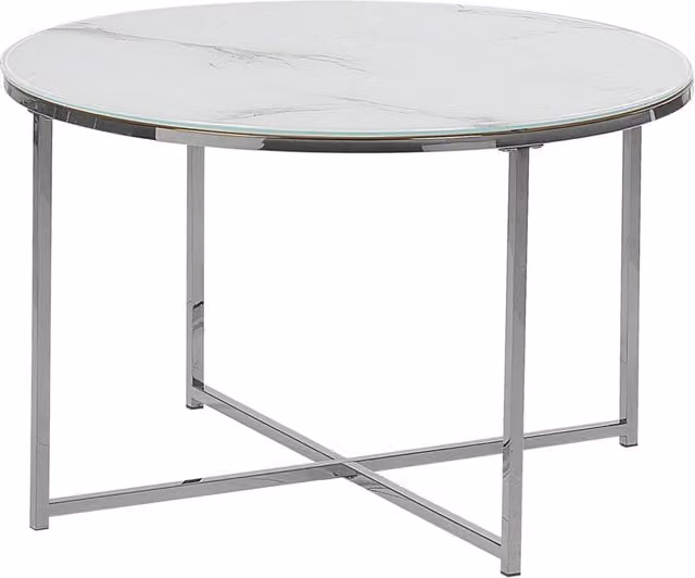 Tavolino Rotondo Beliani con Effetto Marmo Bianco e Base Argento, Stile Glamour Moderno, Diametro: 70 cm