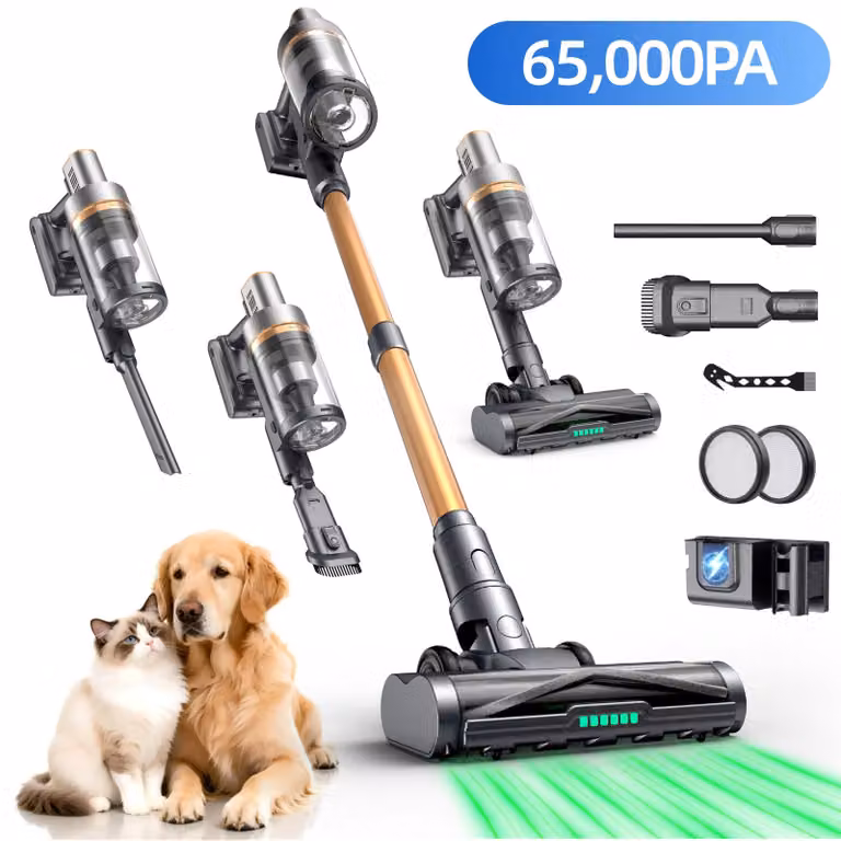 Aspirapolvere a batteria da 65 kPa senza fili con assistenza alla propulsione – 75 minuti di autonomia, filtrazione HEPA a 6 livelli, contenitore per la polvere da 1,6 L, silenzioso ≤60 dB, supporto da appoggio e da parete, ideale per chi ha animali domes