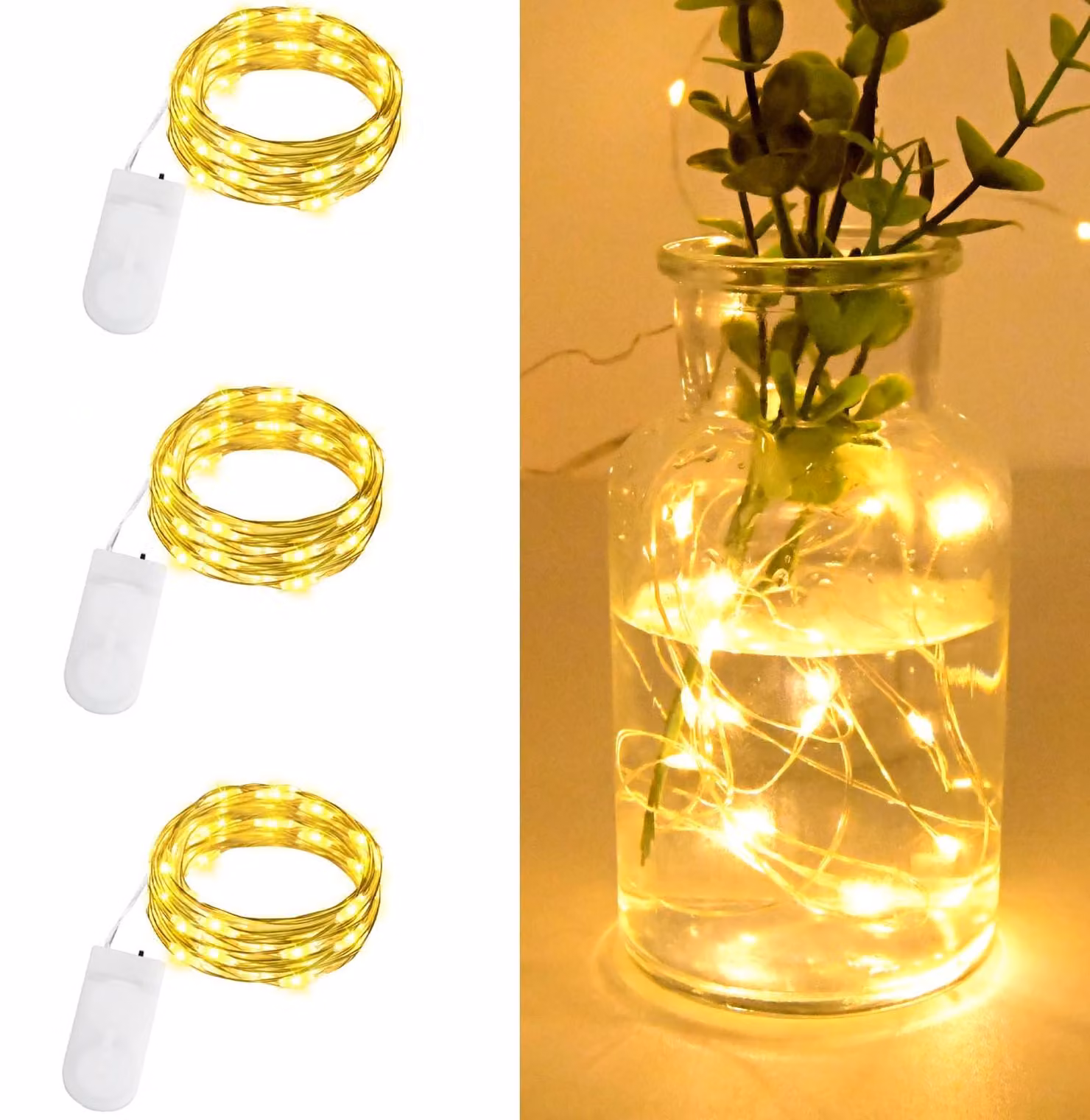 Set di 3 catene luminose a LED, 20 LED per catena, 2 metri di lunghezza, luce bianco caldo, alimentazione a batteria