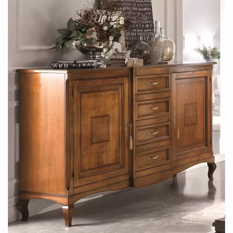 Credenza con 2 porte e 4 cassetti con intarsio Bassano in legno marrone Mobili 2G L: 200 cm, P: 52 cm, H: 113 cm