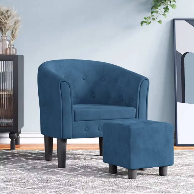 Poltrona Cabriolet con Poggiapiedi vidaXL in Velluto Blu Scuro con Struttura in Legno e Plastica L/P/H: 68.0 x 70.0 x 56.0 cm