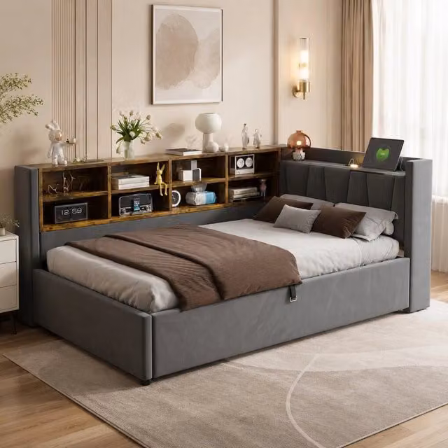 Letto imbottito 90x200 cm grigio in velluto con contenitore idraulico; luci e prese USB/Type-C