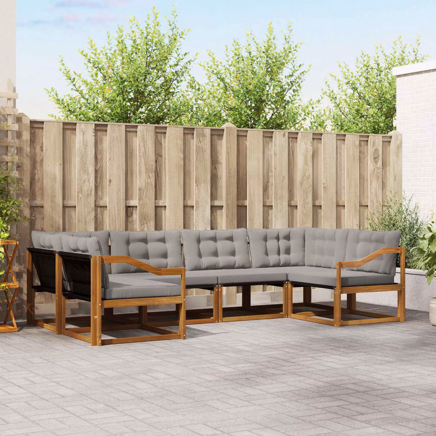 Set di divani da esterno vidaXL a forma di L composto da 6 pezzi in legno di acacia e tessuto textilene, colore beige e grigio con cuscini inclusi