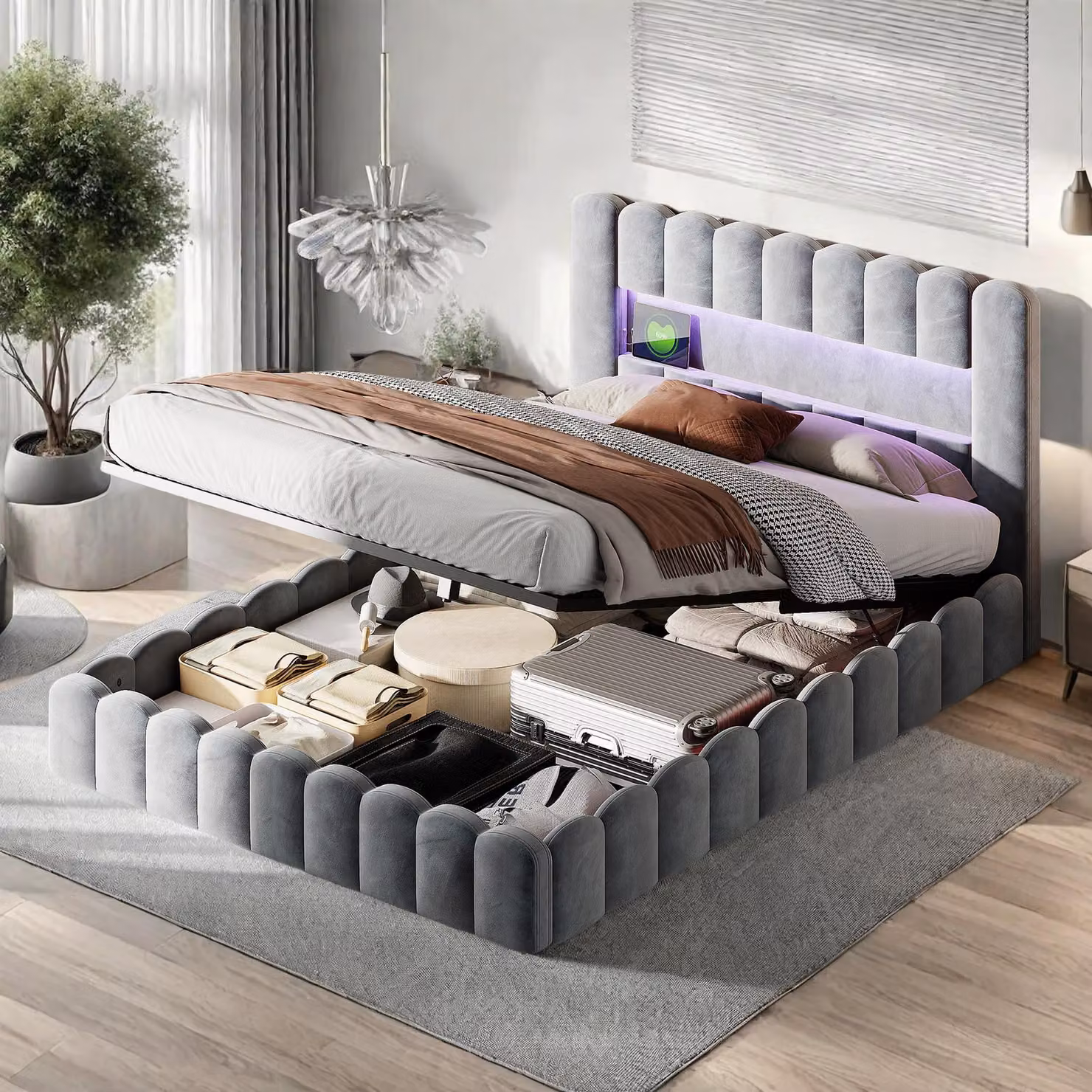 Struttura letto matrimoniale 180 x 200 cm, grigio chiaro, con contenitore, luci LED, testata e stazione di ricarica