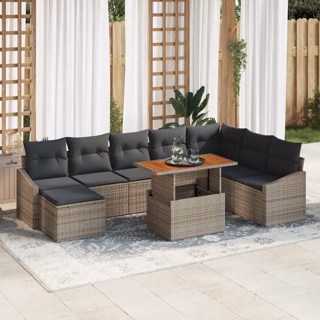 Set Divano da Giardino vidaXL 9 Pezzi in Rattan Grigio con Tavolino e Ottoman – 1