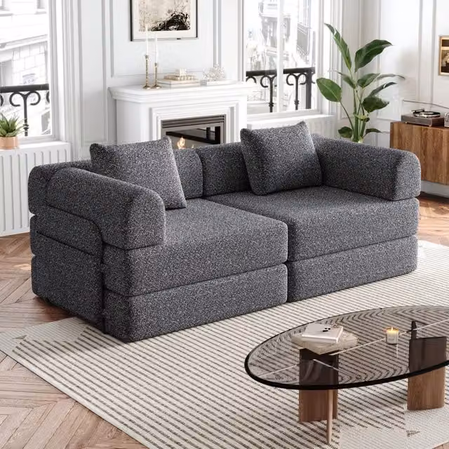 Divano letto convertibile in ciniglia con vano portaoggetti nel bracciolo struttura in acciaio e configurazioni versatili grigio