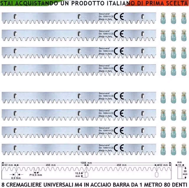 Securvera Cremagliera Universale M4 in Acciaio Zincato Argento, 8 Barre da 1 MT con 80 Denti, Dimensioni 12x30 mm – 1