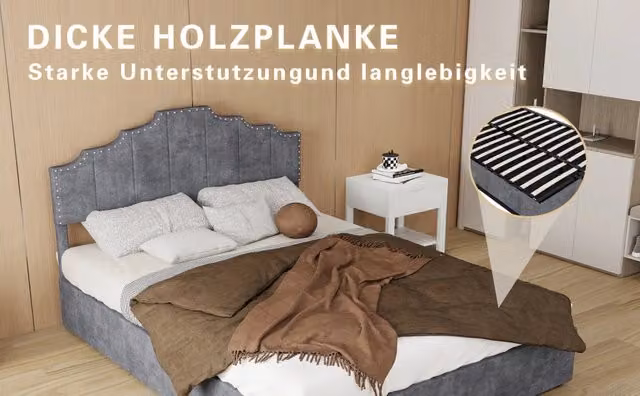 Letto imbottito moderno 140×200 cm in tessuto grigio con testiera geometrica e borchie, base alta contenitore con pistone pneumatico, senza materasso