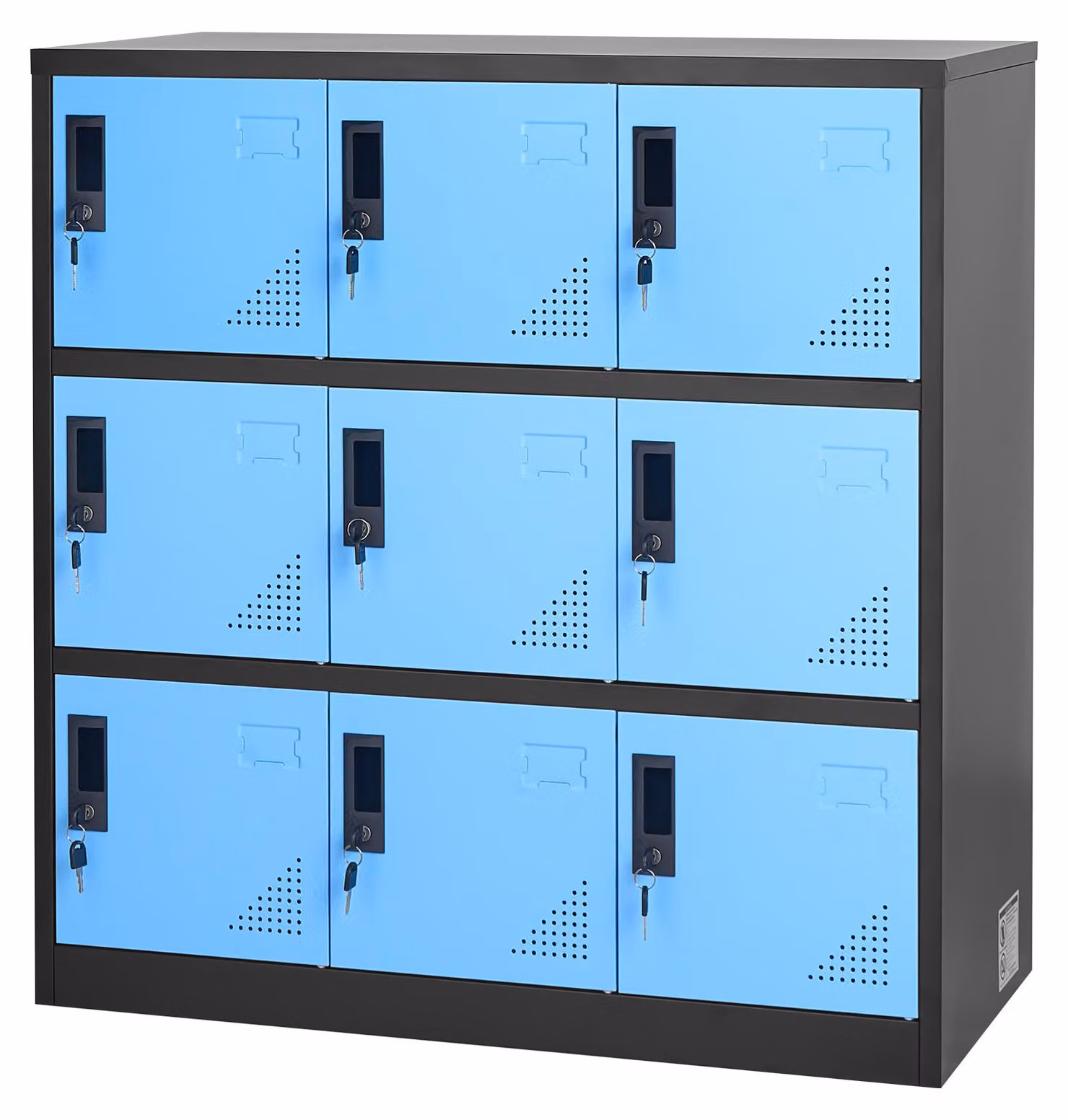 SucceBuy Armadietto metallico a 3 ripiani, armadietto con serratura, portata 30 kg, armadietto di sicurezza con 2 chiavi per ogni anta, ideale per ufficio, scuola, palestra, facile da montare, 90x45x94 cm, blu/nero