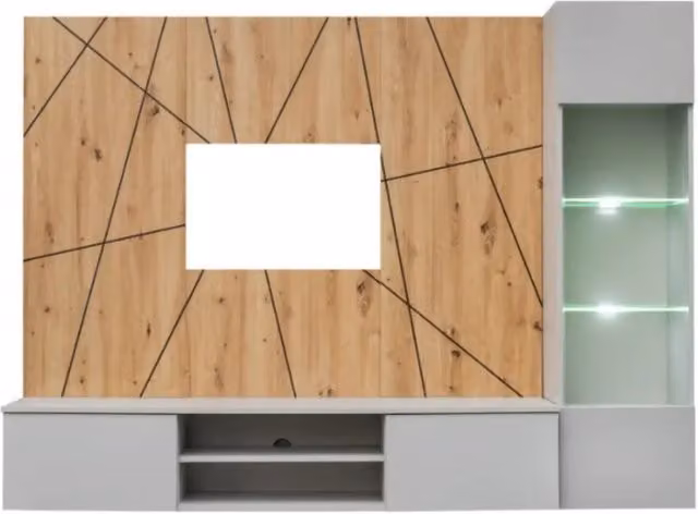 Composizione murale IXAR geometrica – Mobile TV + vetrina sospesa + pannelli decorativi