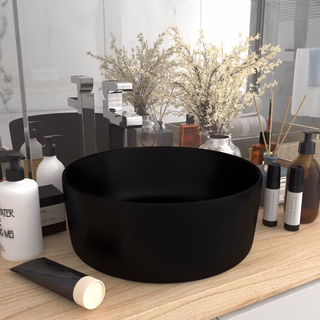 The Living Store Lussuoso lavabo rotondo nero opaco 40x15 cm in Vetroceramica