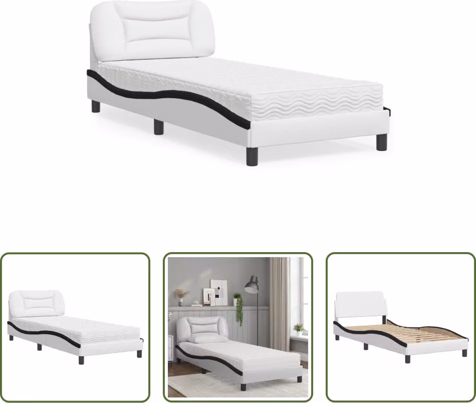 The Living Store Letto con materasso bianco e nero 90x190 cm in ecopelle