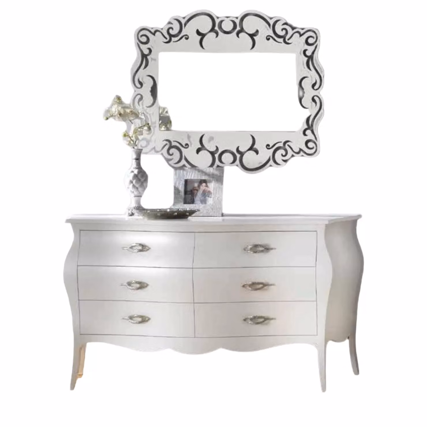 Comò bombato classico con 6 cassetti in stile shabby chic bianco opaco Mobili 2G L: 162 cm, P: 58 cm, H: 85 cm – 1