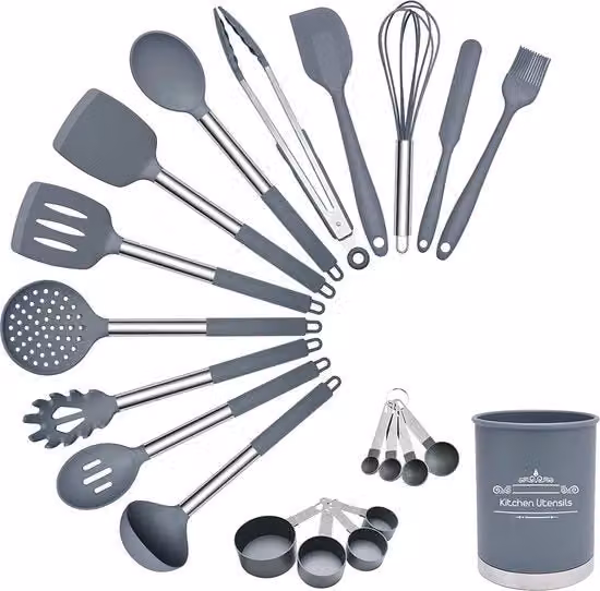 Set di cottura BBN in silicone e acciaio inossidabile da 21 pezzi, resistente al calore e lavabile in lavastoviglie, grigio