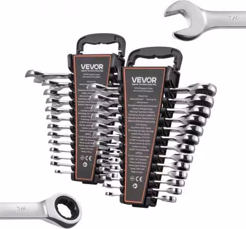 Set di 26 chiavi combinate a cricchetto VEVOR in acciaio al cromo vanadio con organizer, metriche e SAE, colore argento