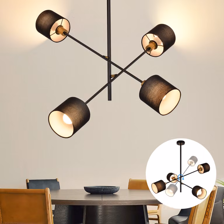 ZMH Lampada a sospensione nera 4 fiamme tavolo da pranzo lampada a sospensione vintage con paralume in tessuto attacco E14 lampada a sospensione per soggiorno sala da pranzo camera da letto, senza lampadina