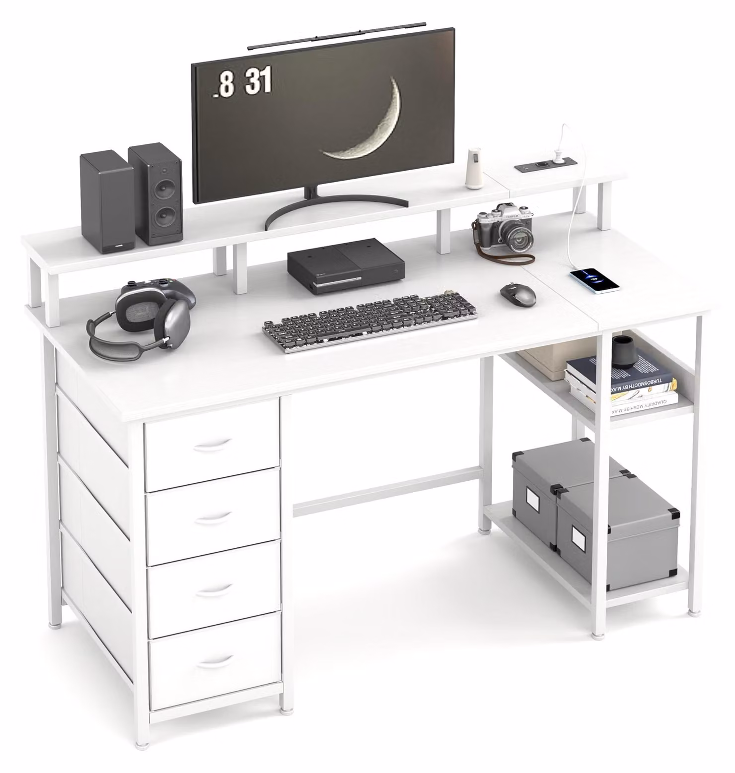Scrivania per computer, dimensioni 120x50 cm, 4 cassetti rivestiti in tessuto, barra multipresa