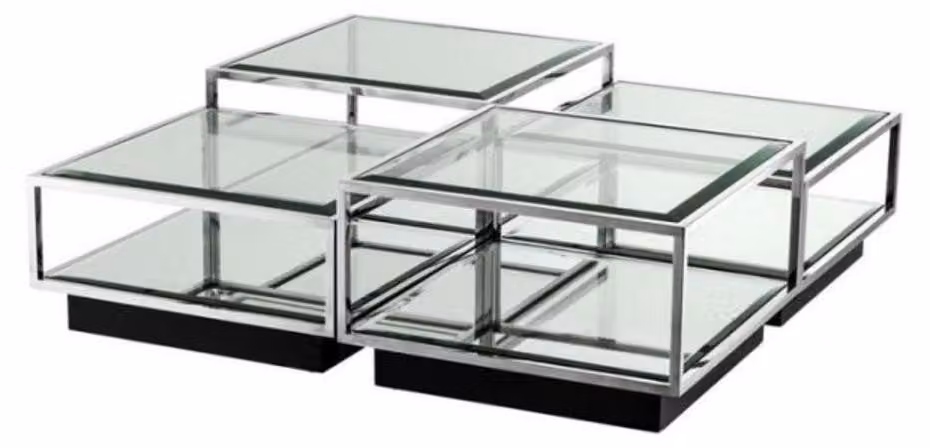 Tavolino da salotto in stile Art Deco "Casa Padrino", set da 4, realizzato in acciaio inossidabile lucido e vetro specchiato nero, dimensioni 65 x 65 x 40 cm
