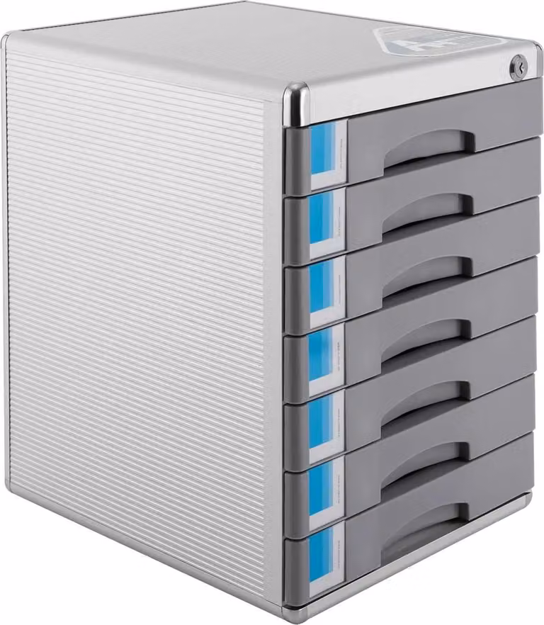 Organizer da scrivania - Cassettiera - 7 scomparti - Chiudibile a chiave - Lega di alluminio + PP - Per fascicoli, documenti e forniture per ufficio - Autoportante - Grigio